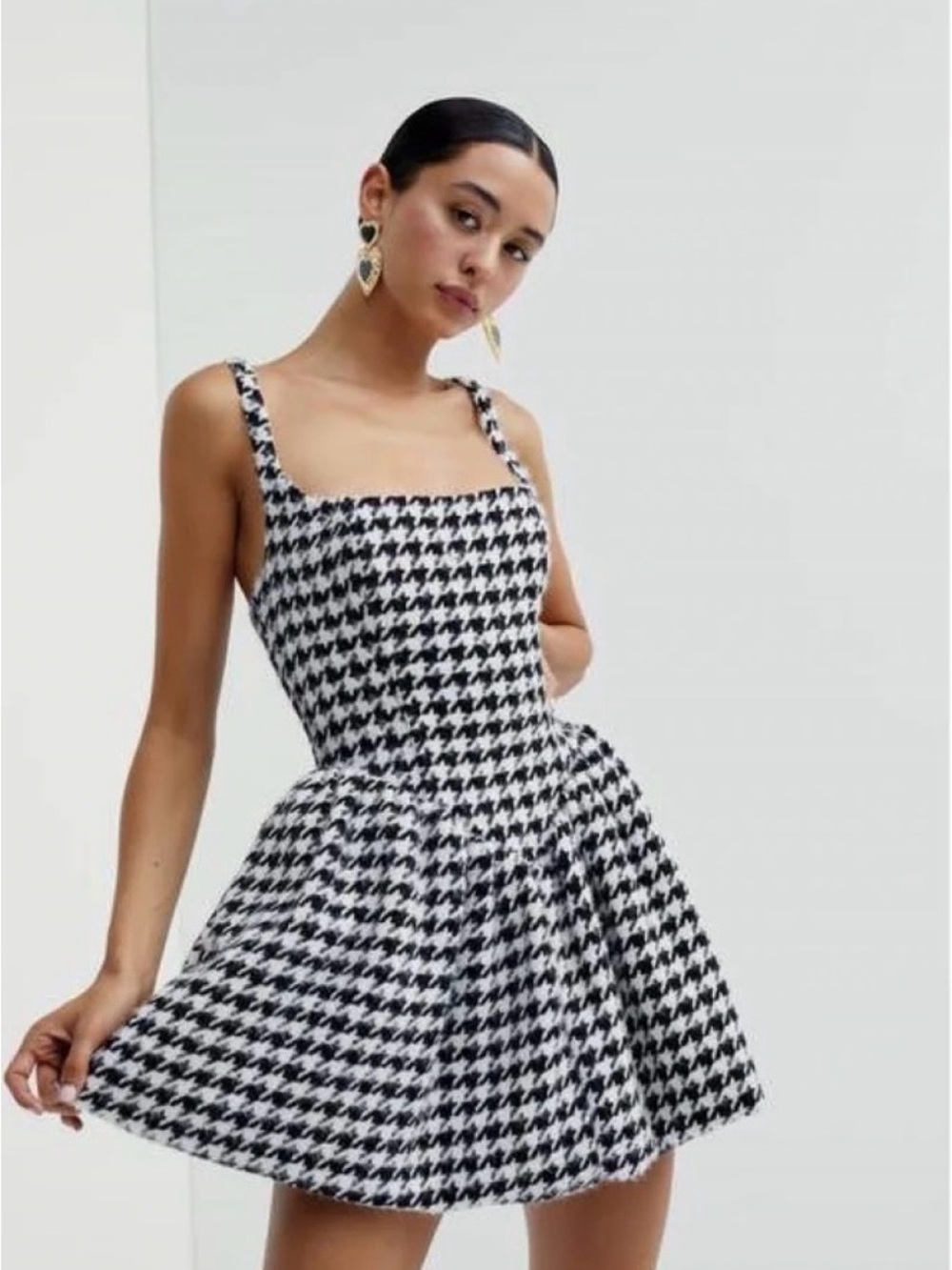 For Love And Lemons Bonnie Black and White Houndstooth Mini Dress